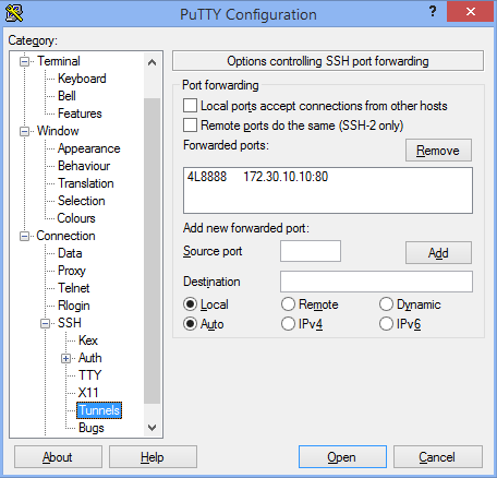 PuTTY SSH forwarded port