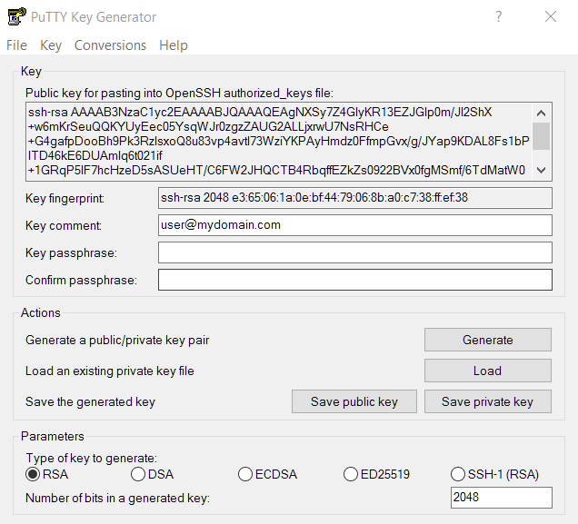 The PuTTY Key Generator generates a key par, after which the public key is copied to the remote host.