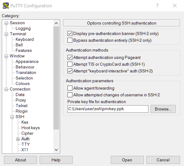 The path to the private key generated with PuTTY SSH Key Generator is entered under Connection - SSH - Auth.
