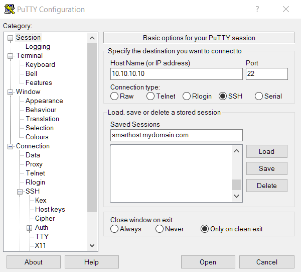 Bei PuTTY Configuration die IP oder ein Hostname im Abschnitt Session und Host Name (or IP address).