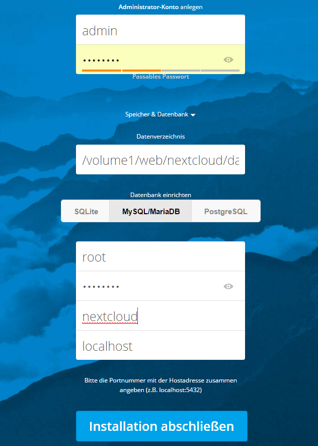 Create a Nextcloud administrator account