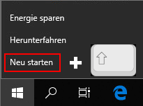 Windows 10 im abgesicherten Modus starten. Mit Start und Neu starten, bei gleichzeitigem drücken der Umschalt-Taste.