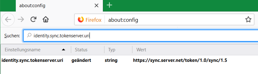 Firefox about:config identity.sync.tokenserver.uri