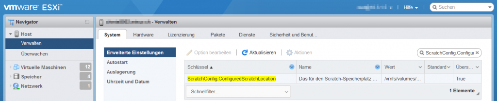 ESXi Scratch Partition erstellen. vSphere Verwaltung > System > Erweiterte Einstellungen