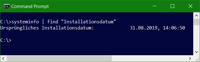 command prompt zeigt mit systeminfo das Installationsdatum und die Uhrzeit an diesem das Betriebssystem installiert wurde.