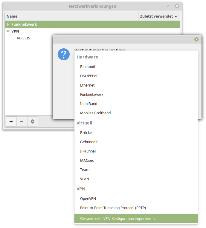 Linux Mint Gespeicherte VPN-Konfiguration importieren