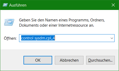 Windows Systemwiederherstellung, öffnen control sysdm.cpl,4