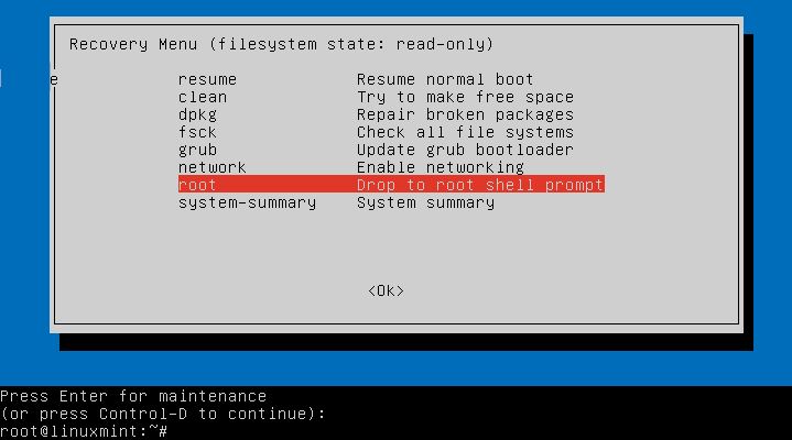 Linux Mint Recovery Menü