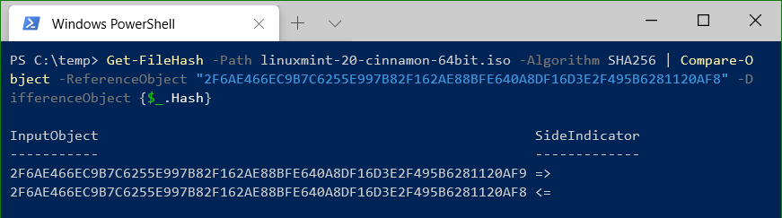 PowerShell Get FileHash Compare Object, If the hash values do not match, both objects are output.