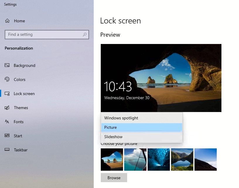 Windows Spotlight - Personalization and - Lock screen, here change the background to picture.
