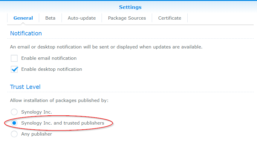 Nano Editor in Synology, Synology Settings Trust Level