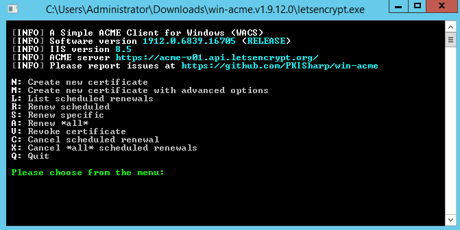 Win-ACME Lets encrypt acme Console on Windows - letsencrypt.exe