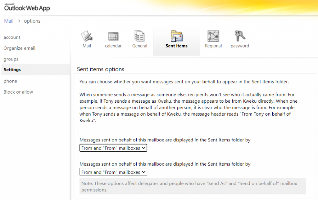 Outlook under Settings, select Sent Items, Sender and "From" mailboxes.
