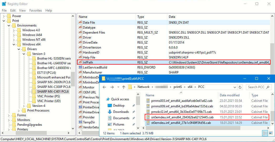 Restore path to printer driver in Registry Key InfPath