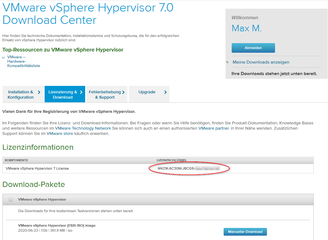 VMware vSphere Hypervisor Download Center Lizenzschlüssel