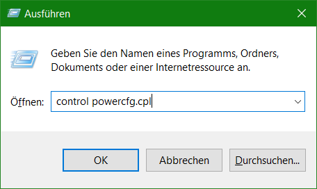 Windows + R Taste Ausfuehren control powercfg_cpl