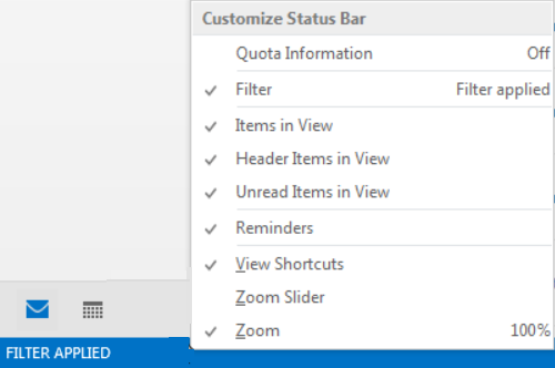 Outlook Filter Applied, right-clicking in the status bar and enabling filters