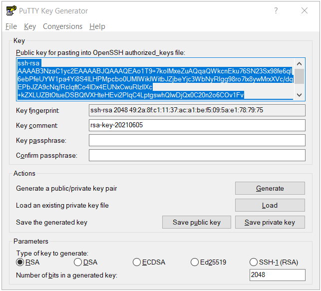 PuTTY Key Generator Public key for pasting into authorized_keys file