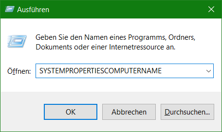Windows + R Ausführen YSTEMPROPERTIESCOMPUTERNAME
