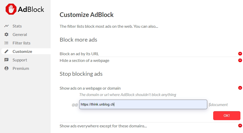 AdBlock Customize - Stop blocking ads - Show ads on a webpage or domain