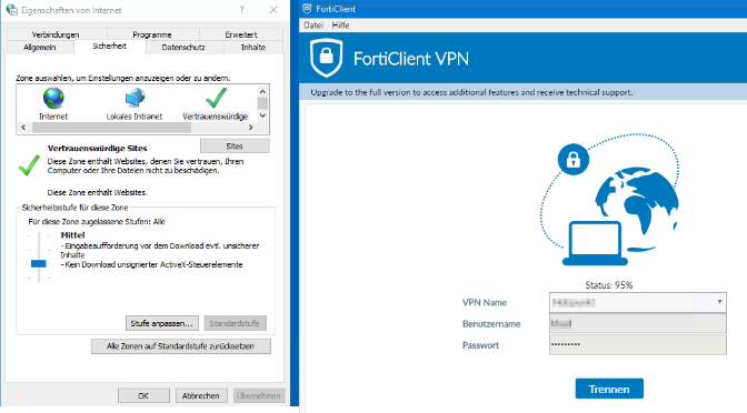 FortiClient SSL VPN Settings Internet Options