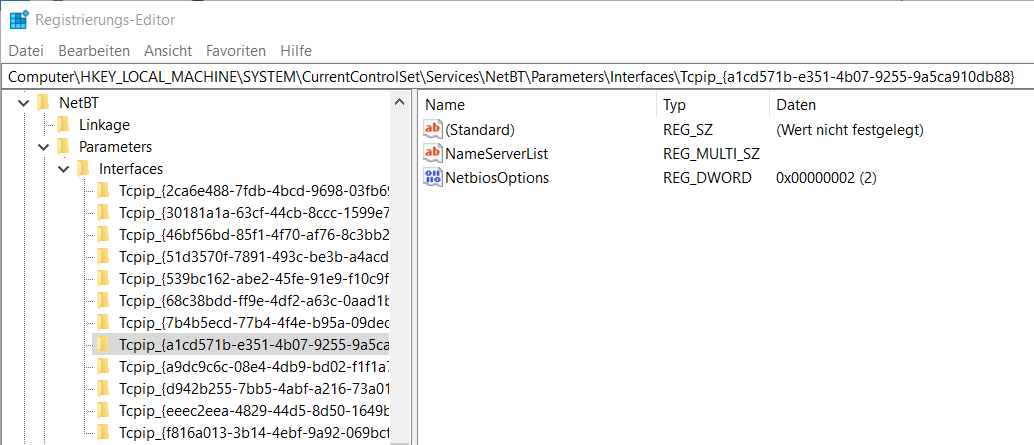 Windows Netzwerk­adapter in Registry finden. Registrierungs Editor NetBT Parameters GUID