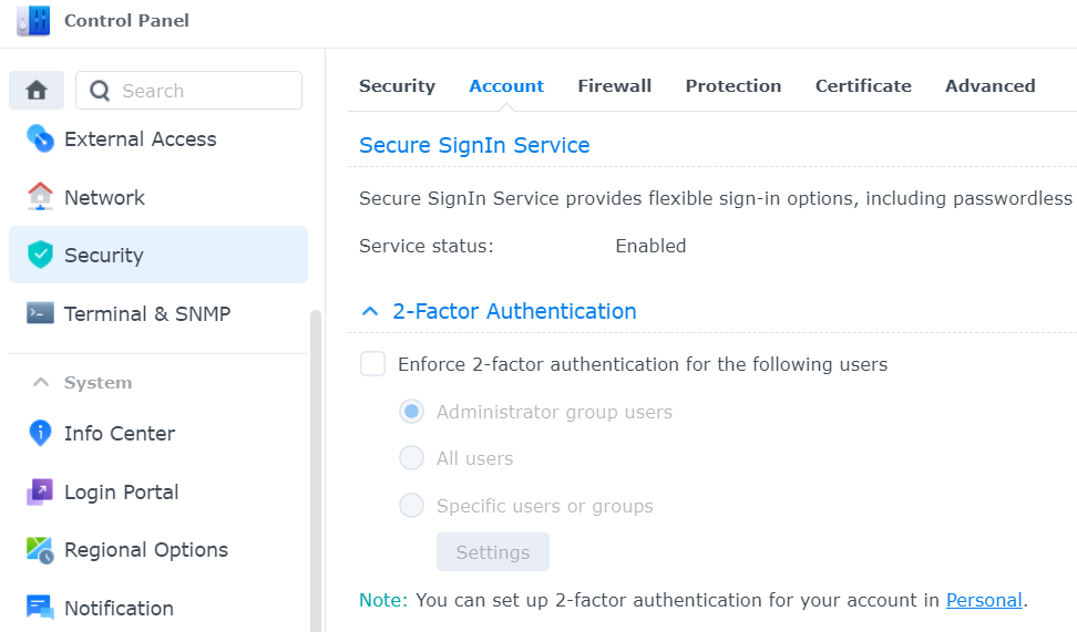Synology DSM 7 Control Panel - Security - Account - Secure SignIn Service