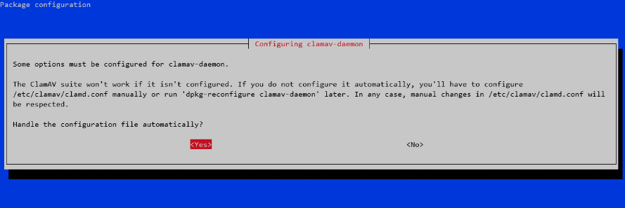 dpkg-reconfigure - Der ClamAV Daemon (clamav-daemon) kann automatisch oder manuell konfiguriert werden.
