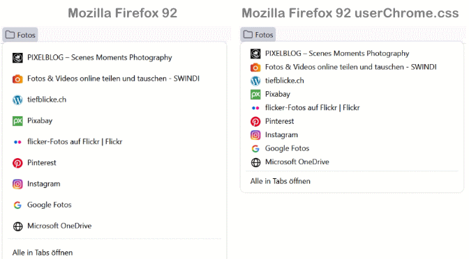 Mozilla Firefox 92 Lesezeichen unter Symbolleiste padding verkleinern mit userChrome.css