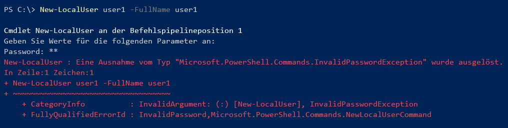 PowerShell The error message invalid password exception appers.