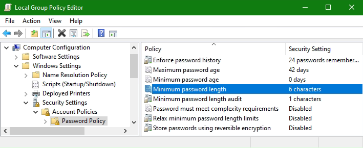 Local Group Policy for password complexity requirements do not match the input, or the minimum password length is not met.