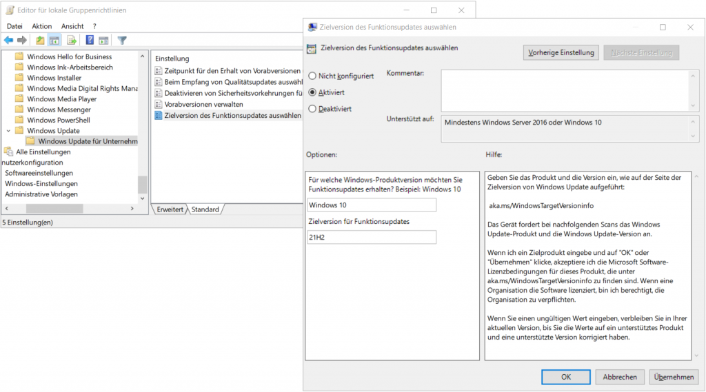 Windows 11 Update verhindern, Gruppenrichtlinie Zielversion des Funktionsupdates auswählen