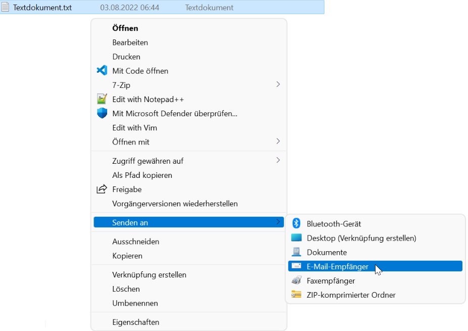 Windows Explorer Senden an E-Mail-Empfänger