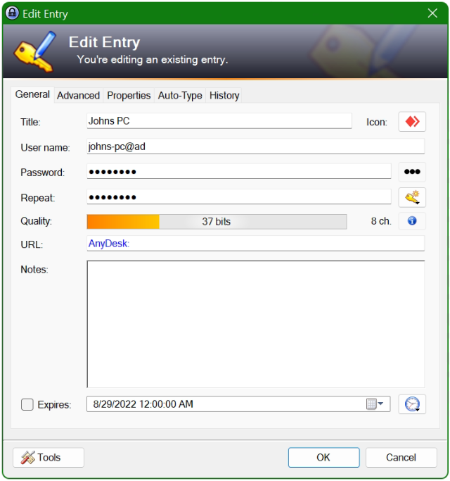 KeePass entry for AnyDesk