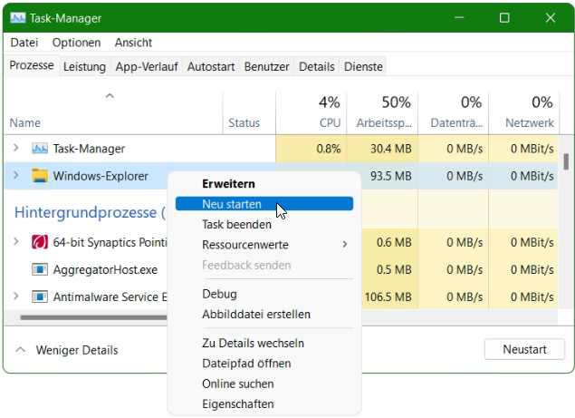 Windows Task-Manager Windows Explorer Neu starten
