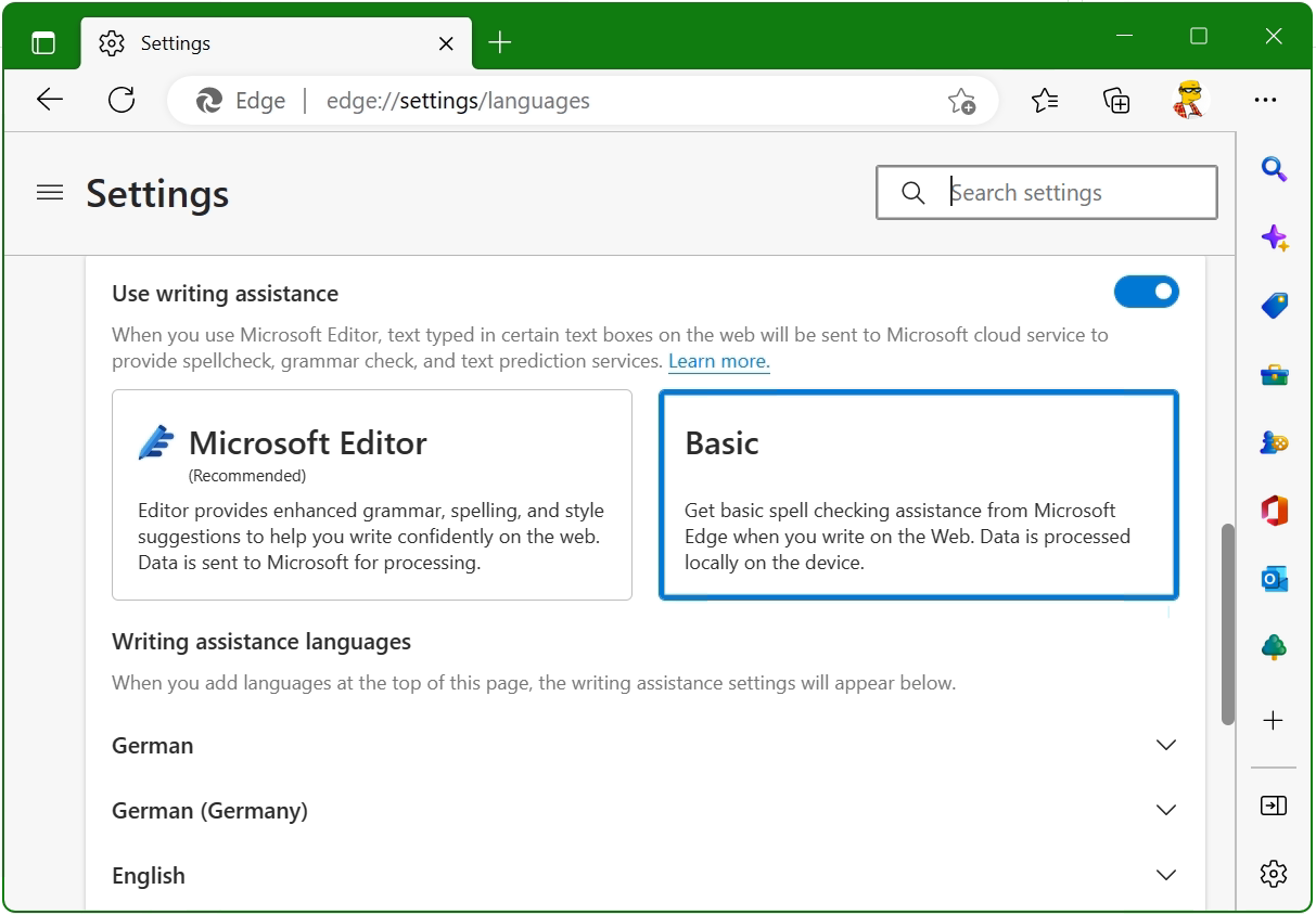 Microsoft Edge Settings Use writing assistance
