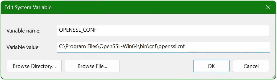 edit new system variable openssl conf
