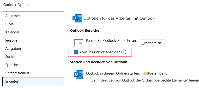 Apps in Outlook anzeigen