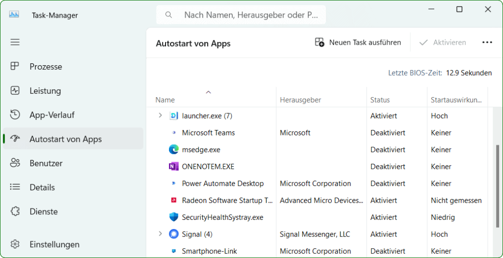 Task-Manager in Windows 11, Autostart von Apps.