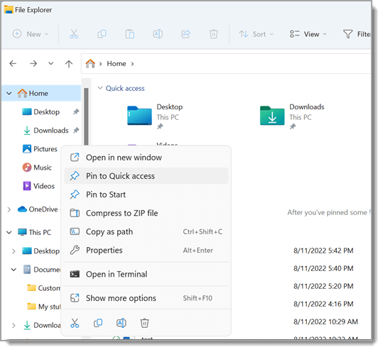 File Explorer Pin to Quick access
