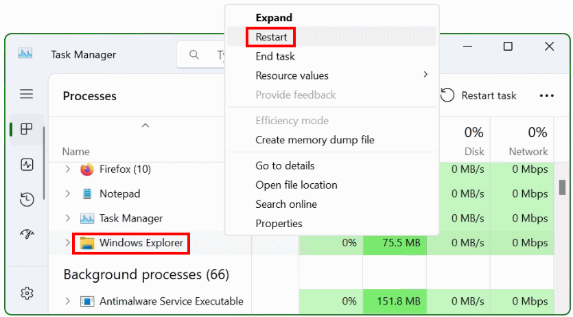 launch Task Manager to restart the Explorer shell process