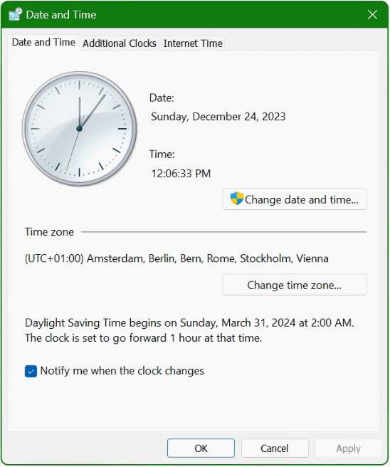 Clock with seconds display in system tray on Windows 11