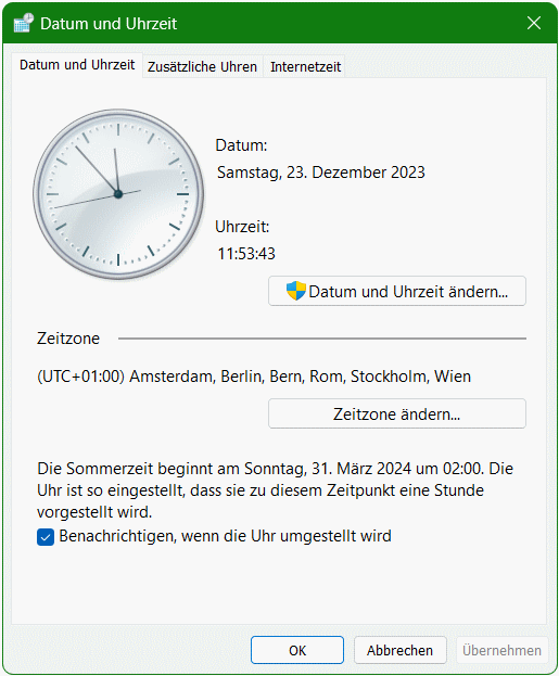 Windows 11 Uhr mit Sekundenanzeige
